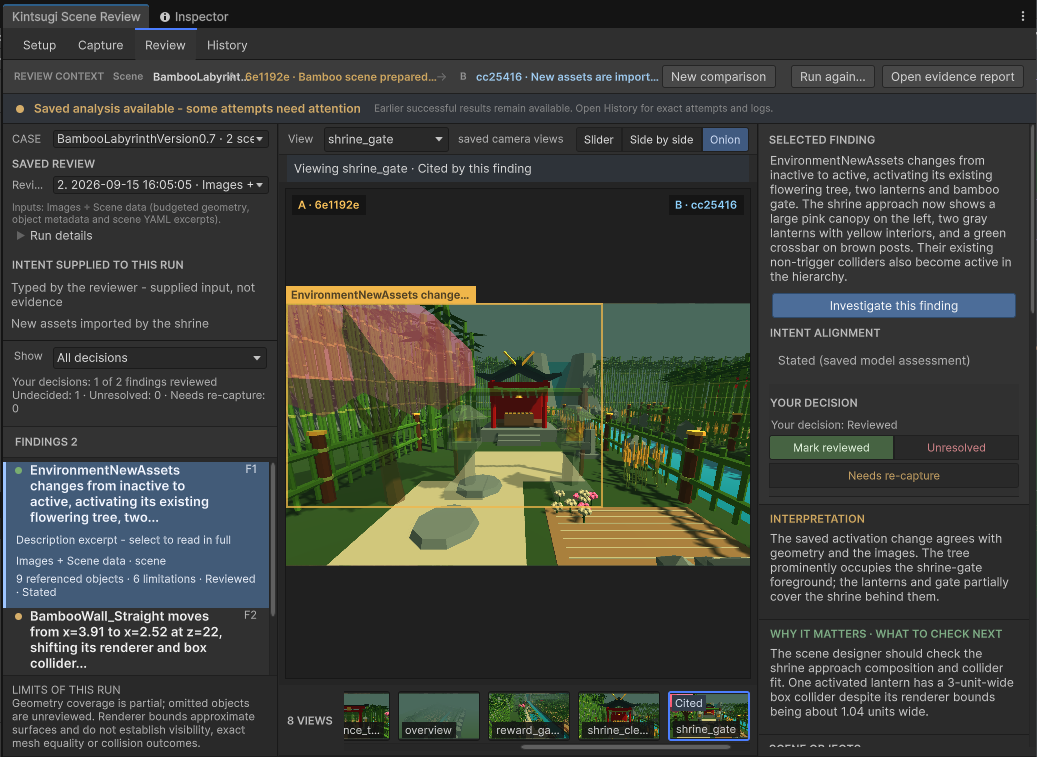 Kintsugi Scene Review showing an AI finding linked to a Unity scene change